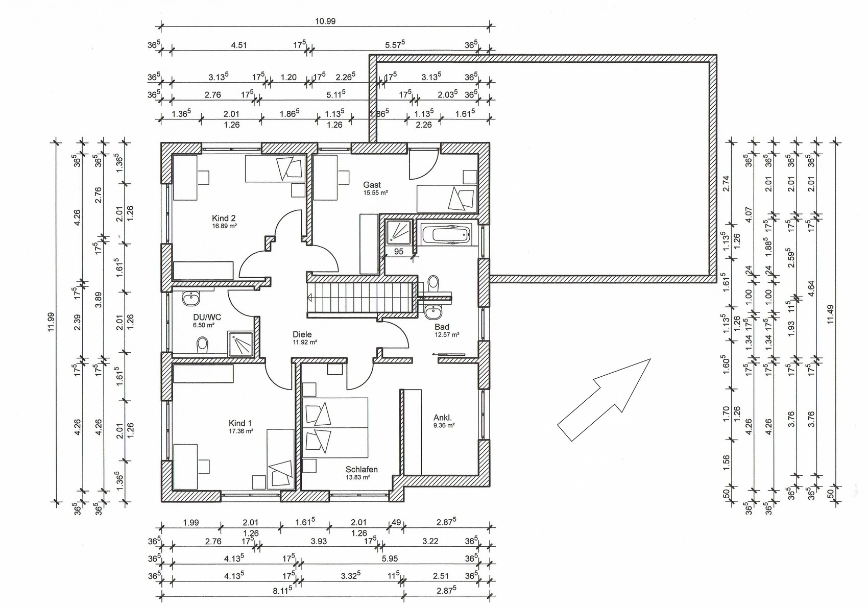 Grundriss eines Hauses: Schlafzimmer, 2 Kinderzimmer, Gästezimmer, Bad, DU/WC, Diele, Ankleide