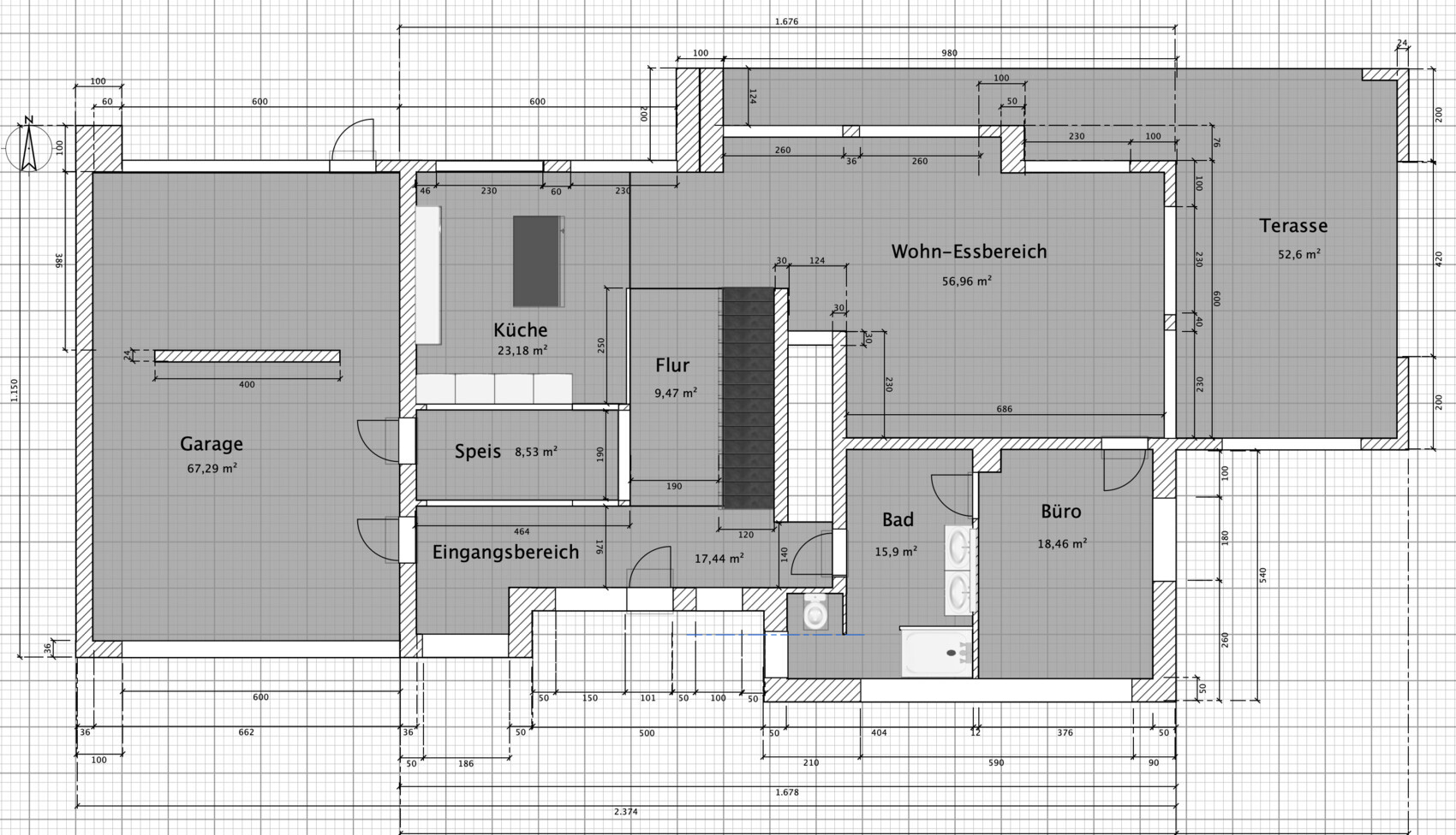 Detaillierter Grundriss eines Hauses mit Garage, Küche, Wohn-Essbereich und Terrasse