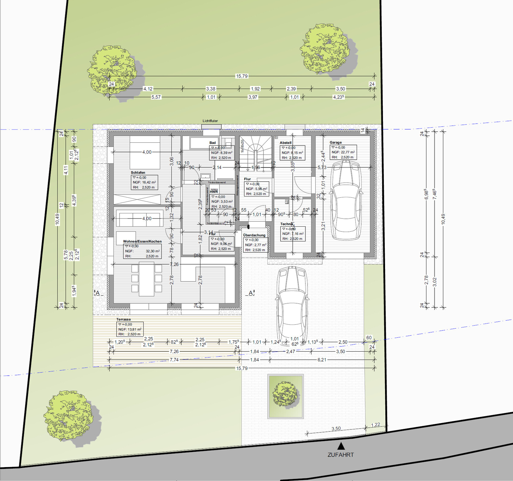 Grundriss eines Hauses mit Garten, Terrasse, Garage und zwei Autos.