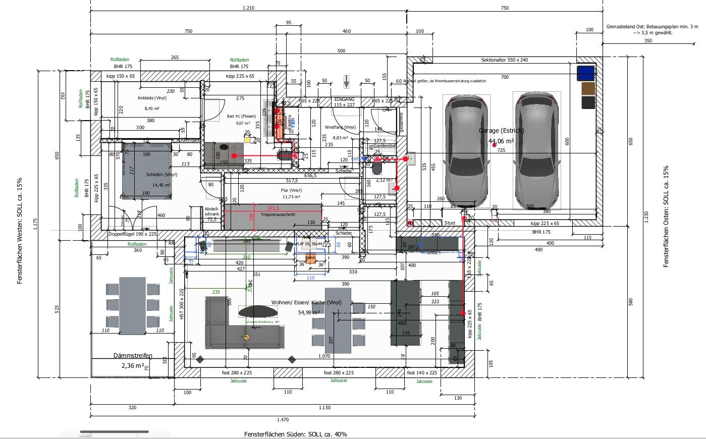 Grundriss eines Hauses: Wohnzimmer, Küche, Essbereich, Schlafzimmer, Bad, Garage mit 2 Plätzen.