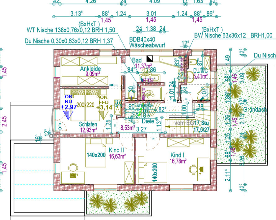 Grundriss eines Wohnhauses: Schlafzimmer, Ankleide, zwei Kinderzimmer, Bad, Diele, Garten.