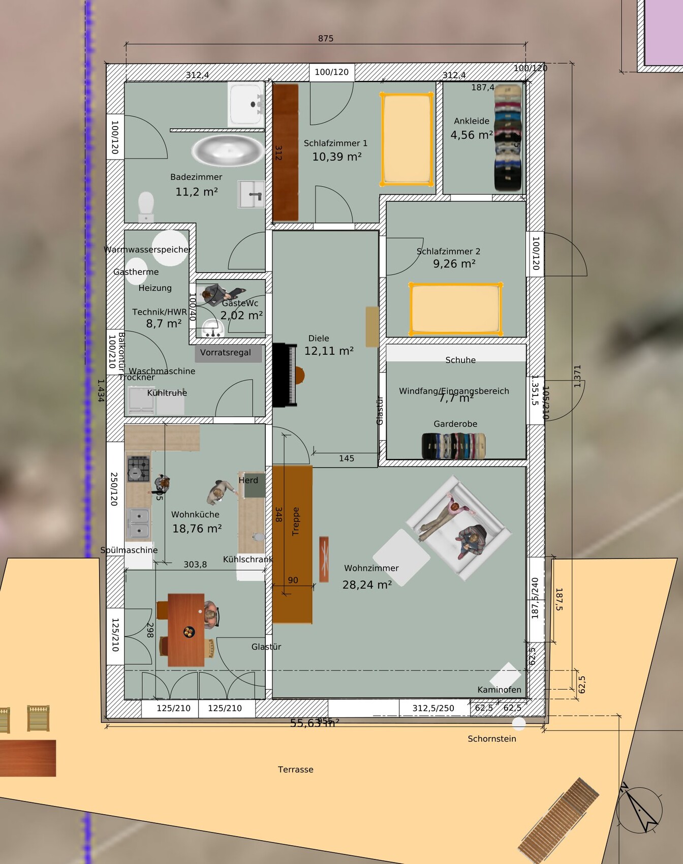 Grundriss eines Hauses mit Wohnzimmer, Küche, Bad, zwei Schlafzimmern, Ankleide und Terrasse.