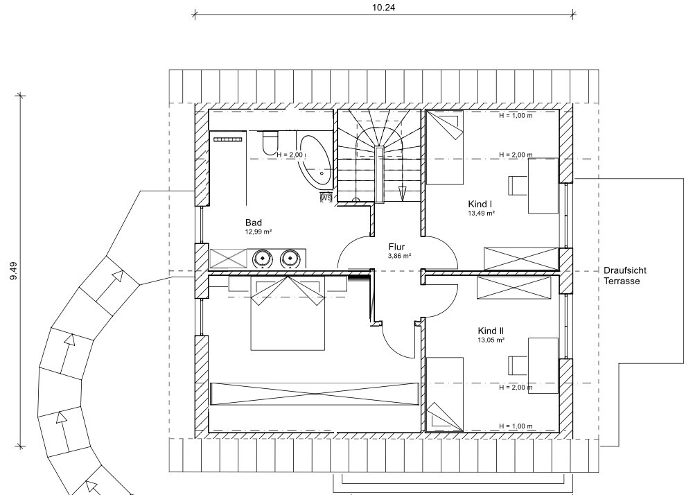 Grundriss eines Obergeschosses mit Badezimmer, Flur, zwei Kinderzimmern und Terrasse.