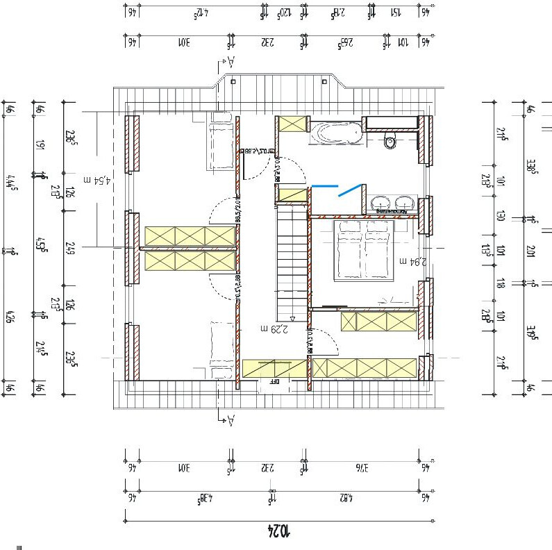 Grundriss eines Wohnhauses: Schlafzimmer, Bad, Treppe und Garderobe