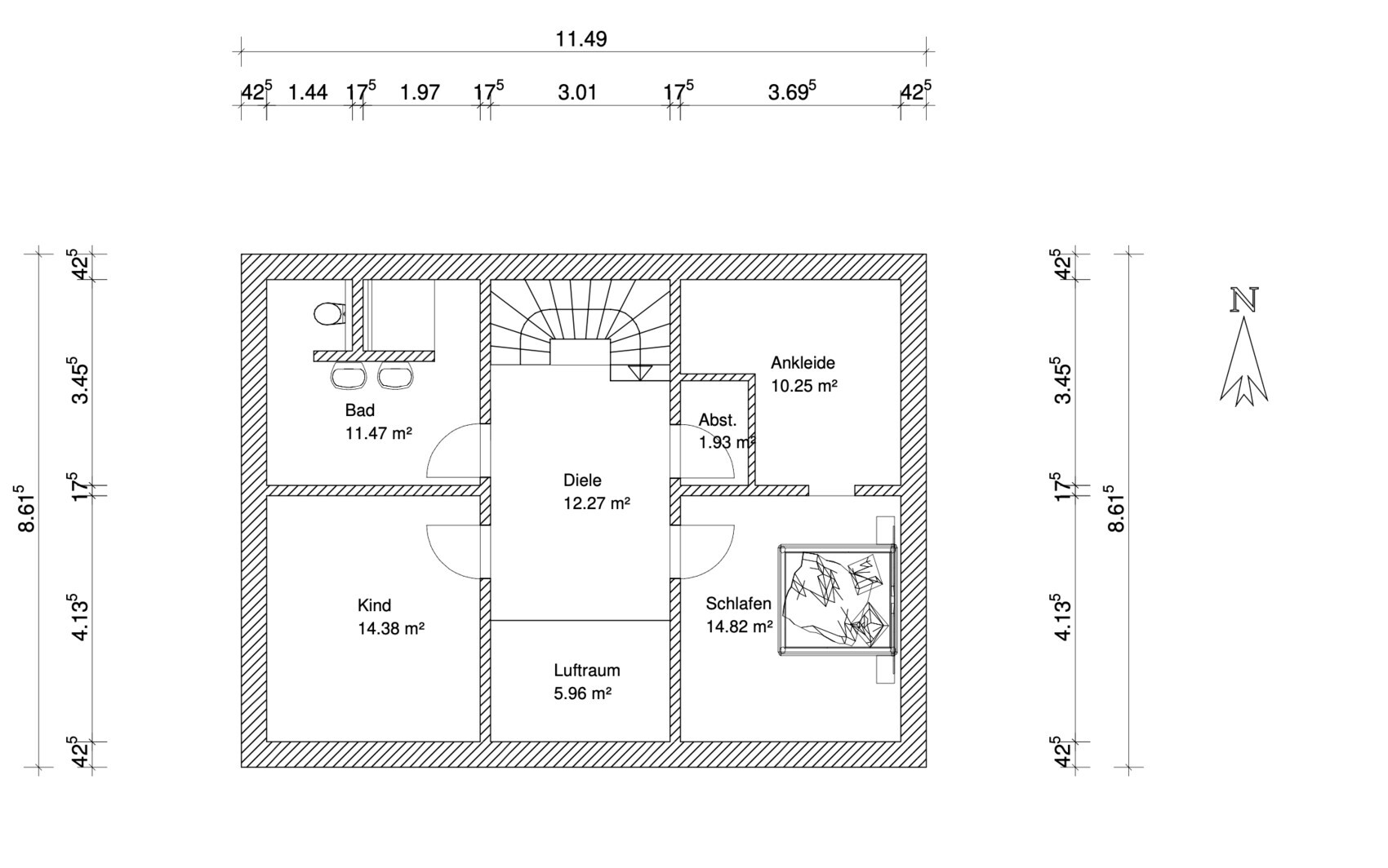 Grundriss: zentrale Diele, Bad links, Kind unten, Schlafen rechts, Ankleide, Abstellraum, Treppe.
