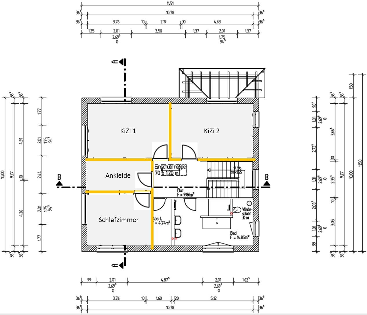 Grundriss eines Hauses: zwei Zimmer (KIZI 1, KIZI 2), Schlafzimmer, Ankleide, Bad, Flur