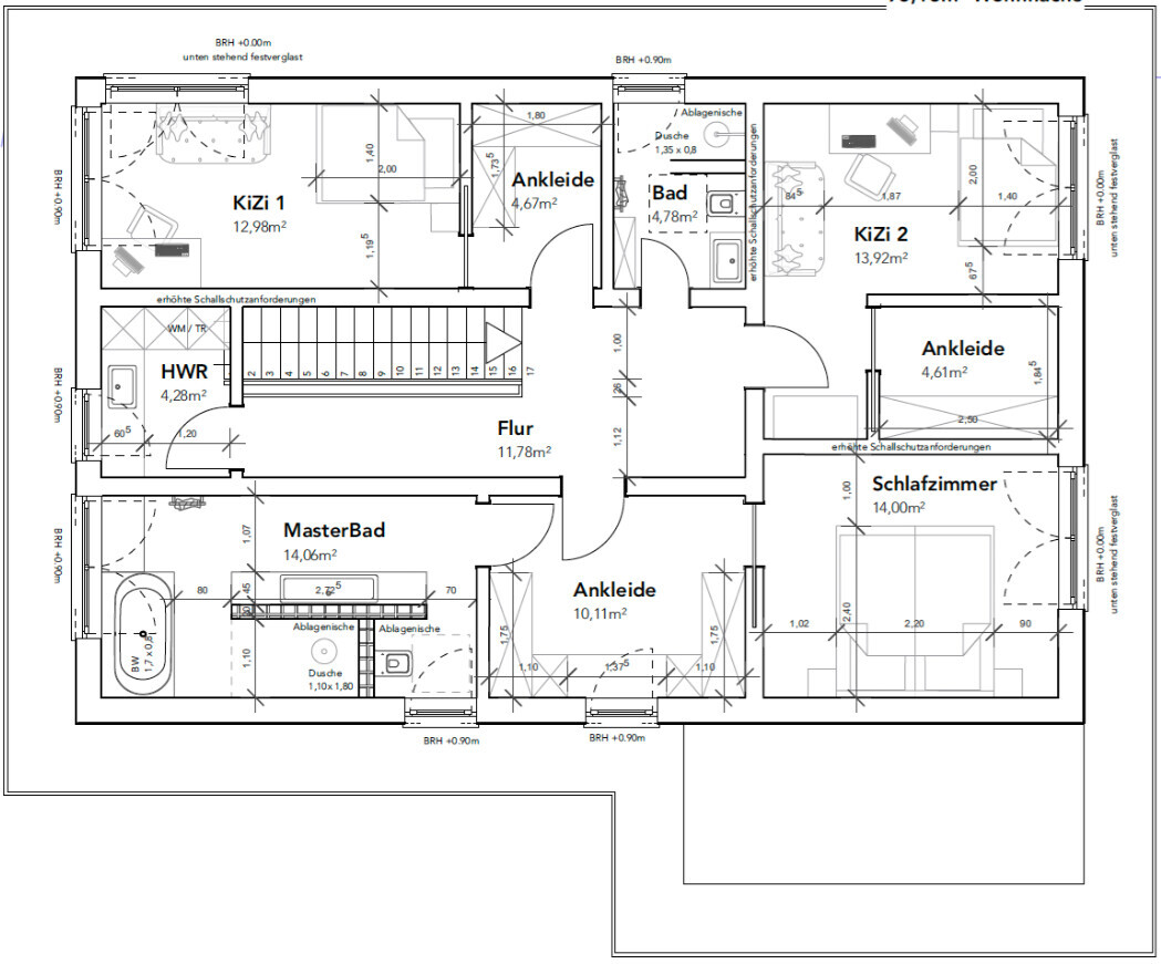 Grundriss eines Obergeschosses mit Schlafzimmer, Bad, Ankleide, Kinderzimmern und Flur.