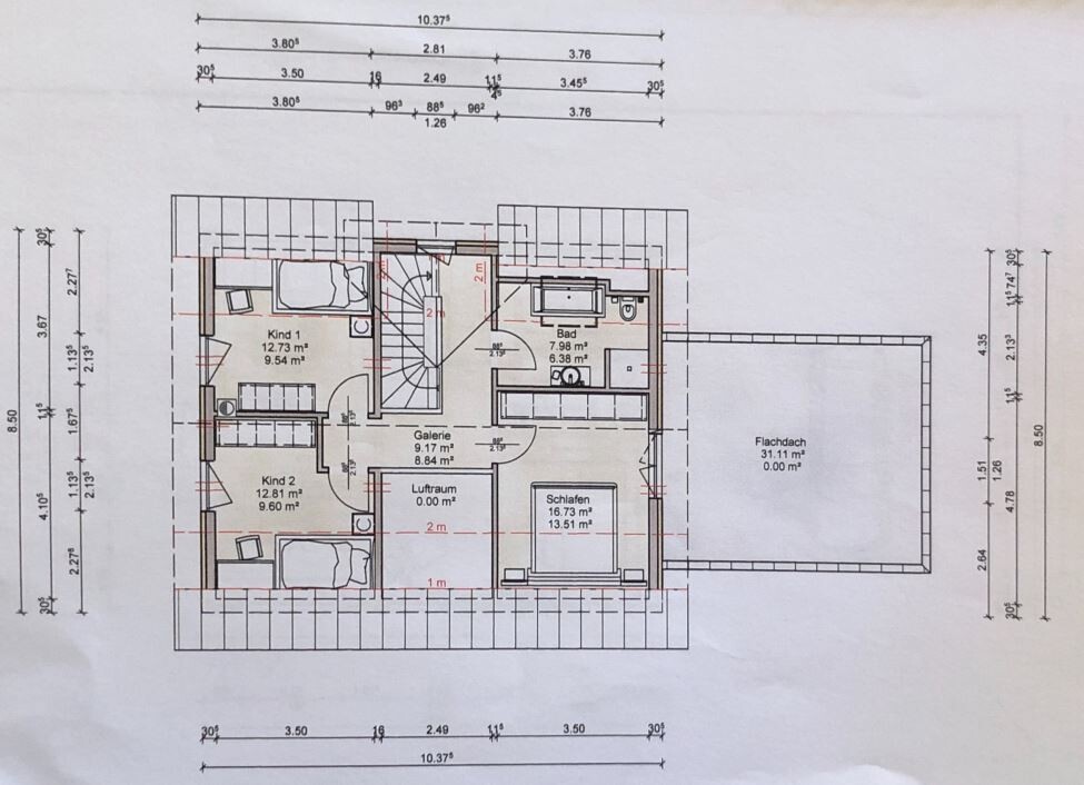 Grundriss eines Haus-Obergeschosses: Schlafen, zwei Kinderzimmer, Bad, Galerie, Flachdach