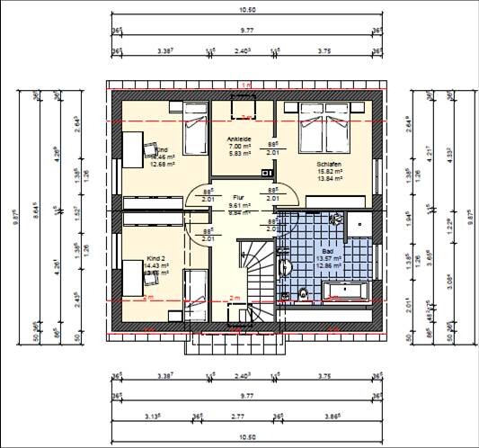 Grundriss eines Dachgeschosses: Flur, Bad, Ankleide, Schlafzimmer, Kinderzimmer, Treppenaufgang.