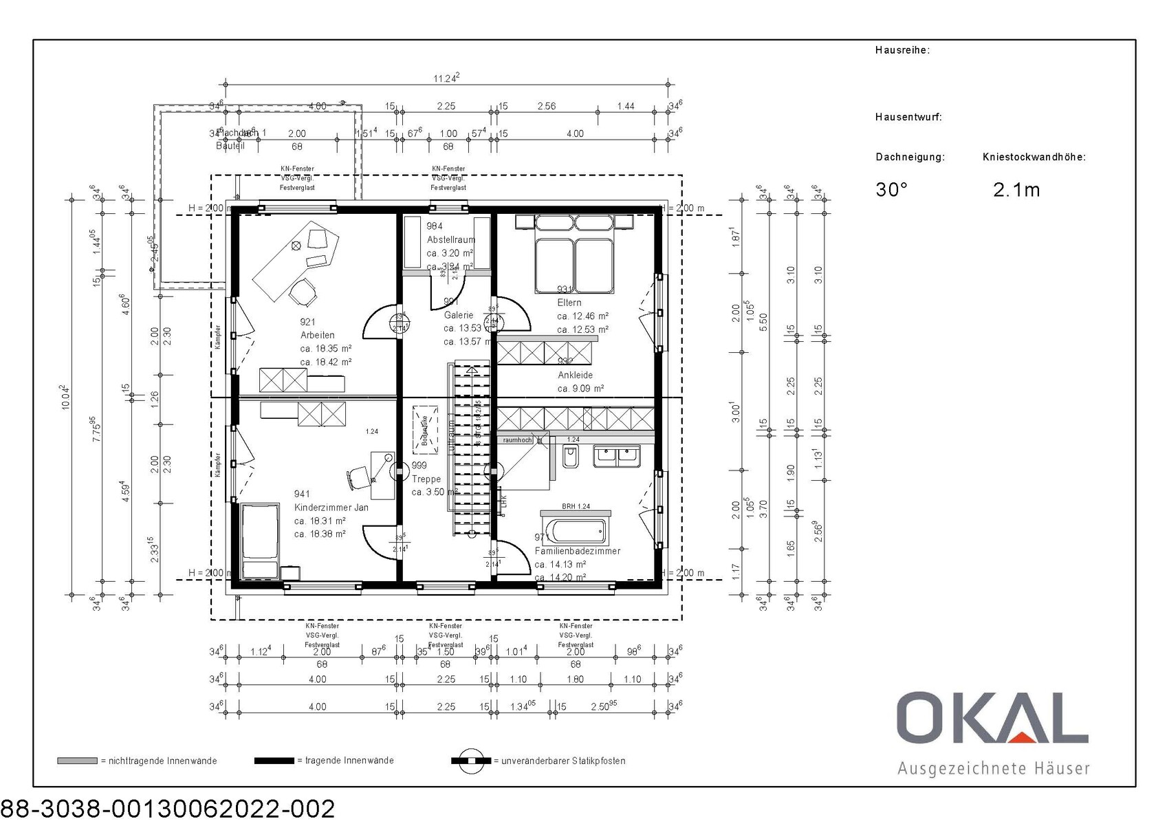 Grundriss eines Einfamilienhaus-Obergeschosses mit Eltern, Kinderzimmer, Arbeitszimmer, Treppe.