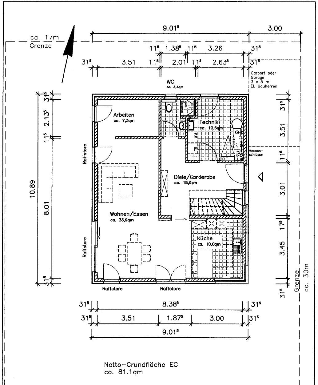 Grundriss Erdgeschoss: Räume Wohnen/Essen, Küche, Diele/Garderobe, Technik, Arbeiten, WC.
