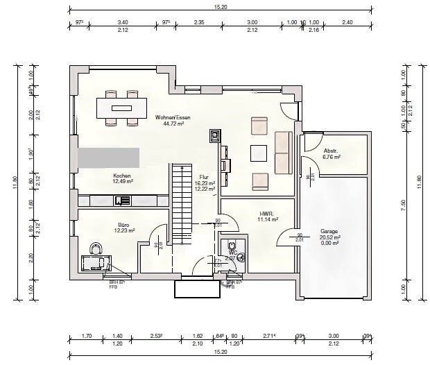 Grundriss eines Einfamilienhauses: Wohn-/Essbereich, Küche, Büro, Flur, HWR, Abstellraum, WC, Garage.