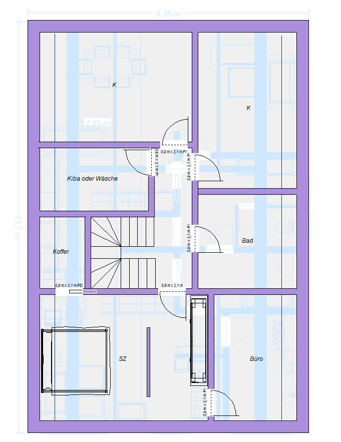 Grundriss eines Stockwerks mit Treppenhaus, Türen und beschrifteten Räumen (SZ, Büro, Bad, K, K).