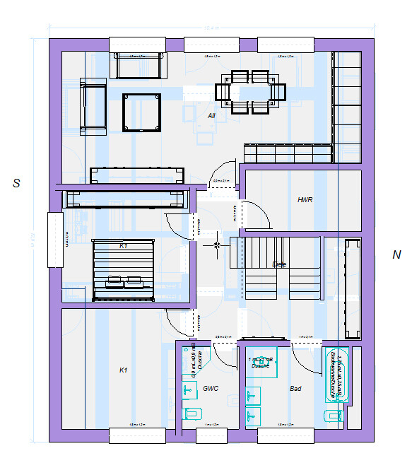 Grundriss eines Hauses mit Zimmern, Treppen, Küche (K1), Bad, Dusche, GWC, HWR und Fluren.