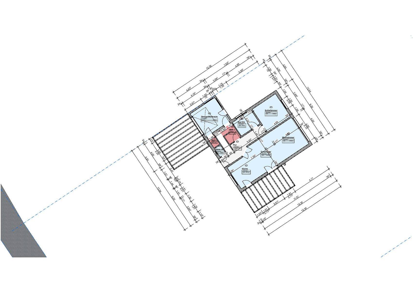 Grundriss eines Hauses mit blauen Innenräumen (Küche, Bad, Schlafzimmer) und Maßlinien.