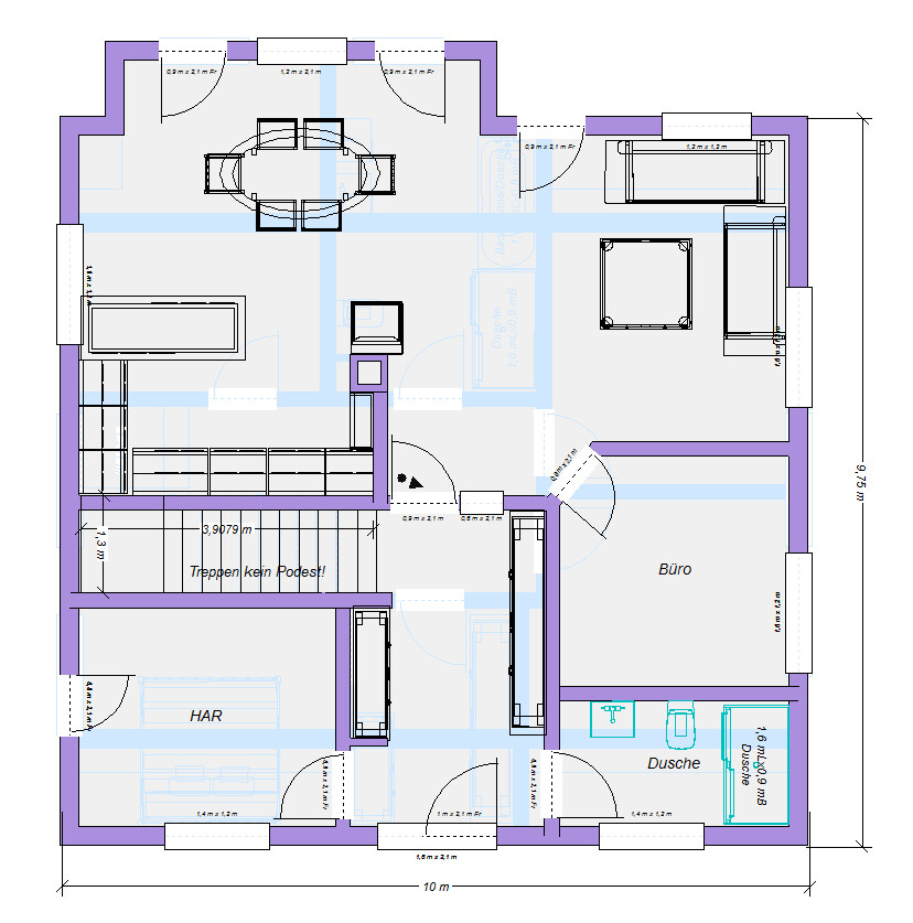 Grundriss eines Wohn- und Arbeitsbereichs: Büro, HAR, Dusche, Esstisch, Sofa, Türen.
