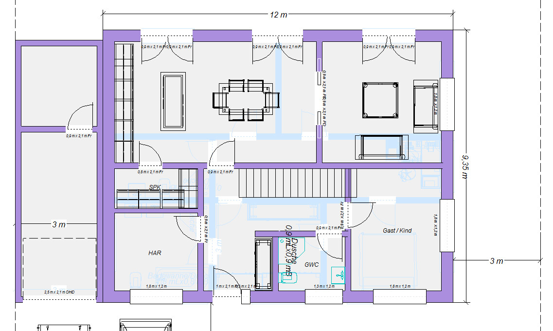 Grundriss eines Hauses: Wohnzimmer, Essbereich, Küche, HAR, Gäste-/Kinderzimmer, Gäste-WC, Treppe.