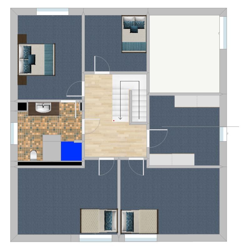 Grundriss eines Hauses: zentrale Treppe, Bad, Küche, Flur und mehrere Schlafzimmer.