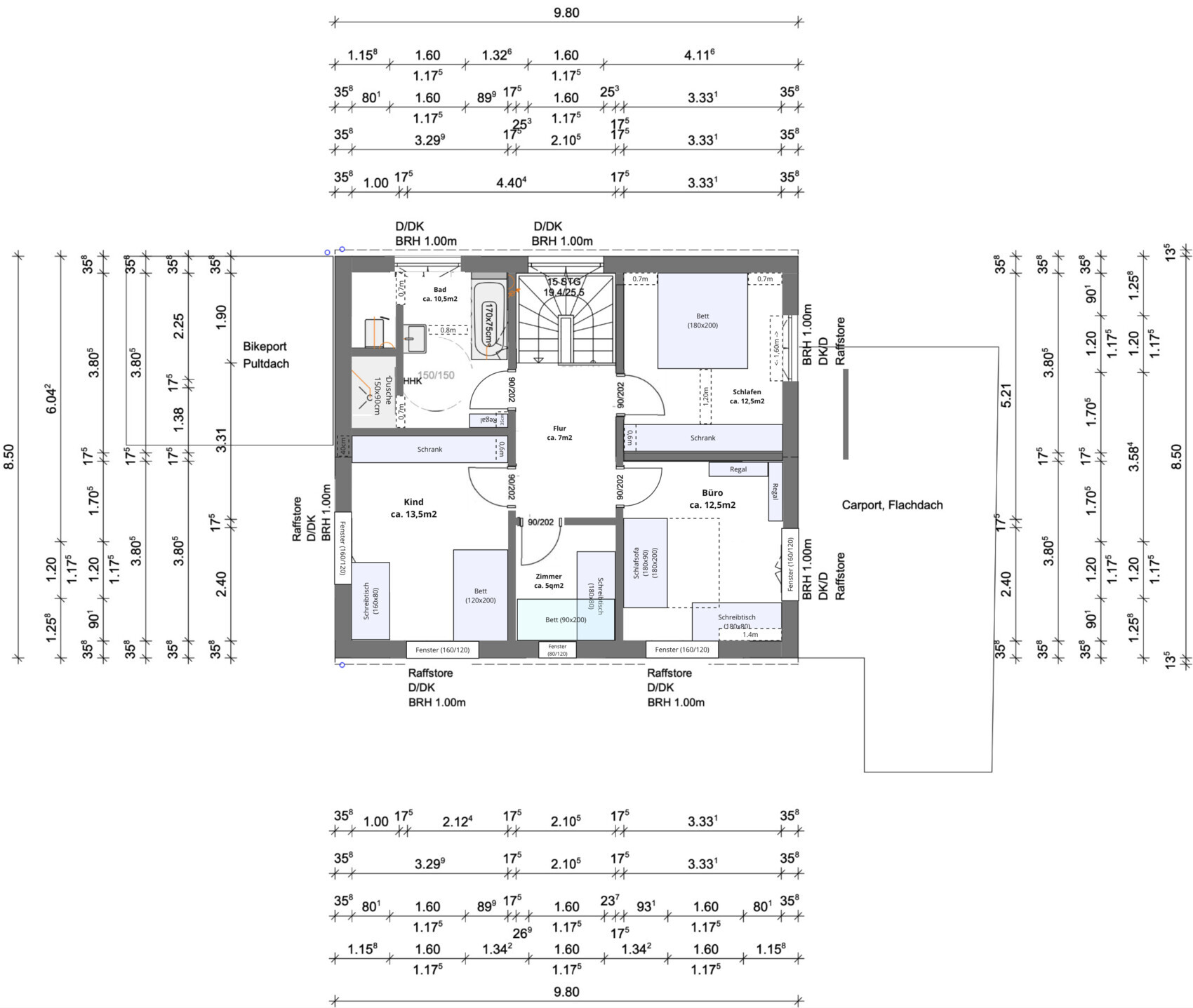 Detaillierter Grundriss eines Hauses: Carport, Flur, Bad, Kinderzimmer, Schlafzimmer, Büro