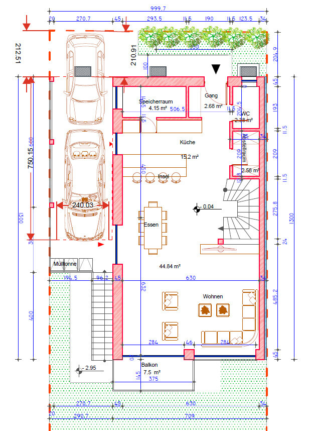 Grundriss eines Hauses: Küche, Essen, Wohnen, Balkon, Garage, Treppenhaus und Garten.