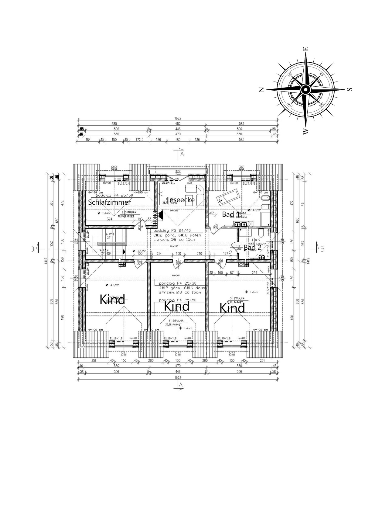 Grundriss eines Hauses: Schlafzimmer, Bad, drei Kinderzimmer, Maßangaben, Kompassrose.