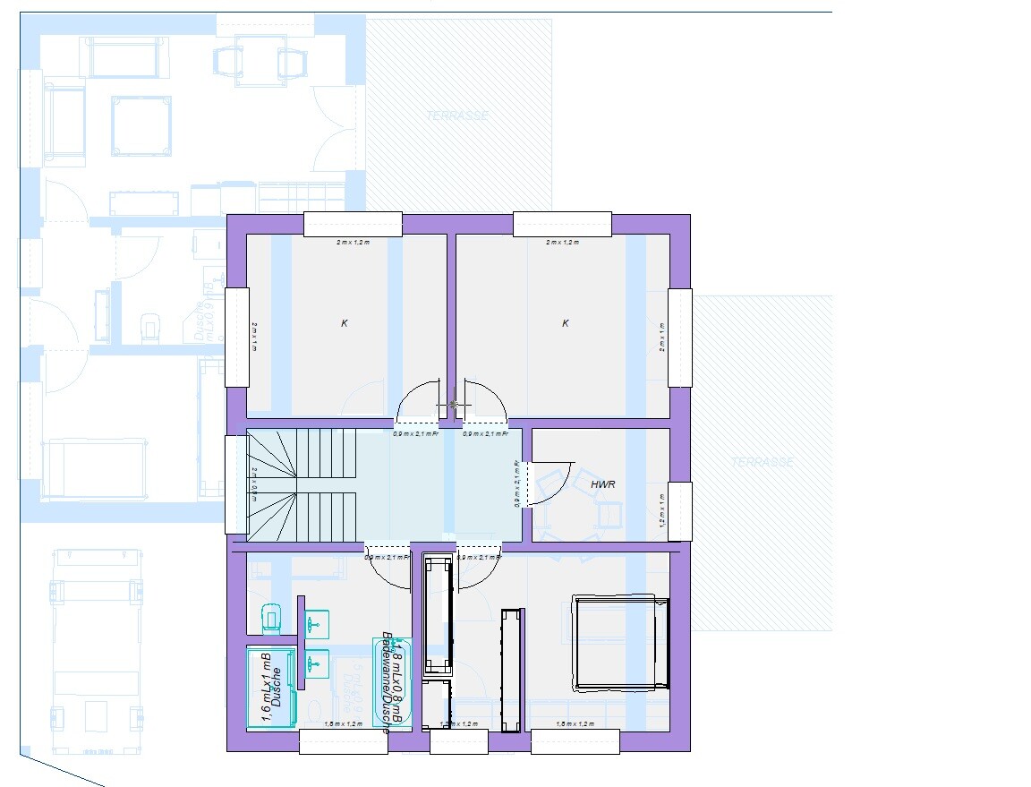 Grundriss eines Hauses: zwei K-Zimmer oben, Flur, Treppenhaus, HWR, Bad, Terrasse rechts.