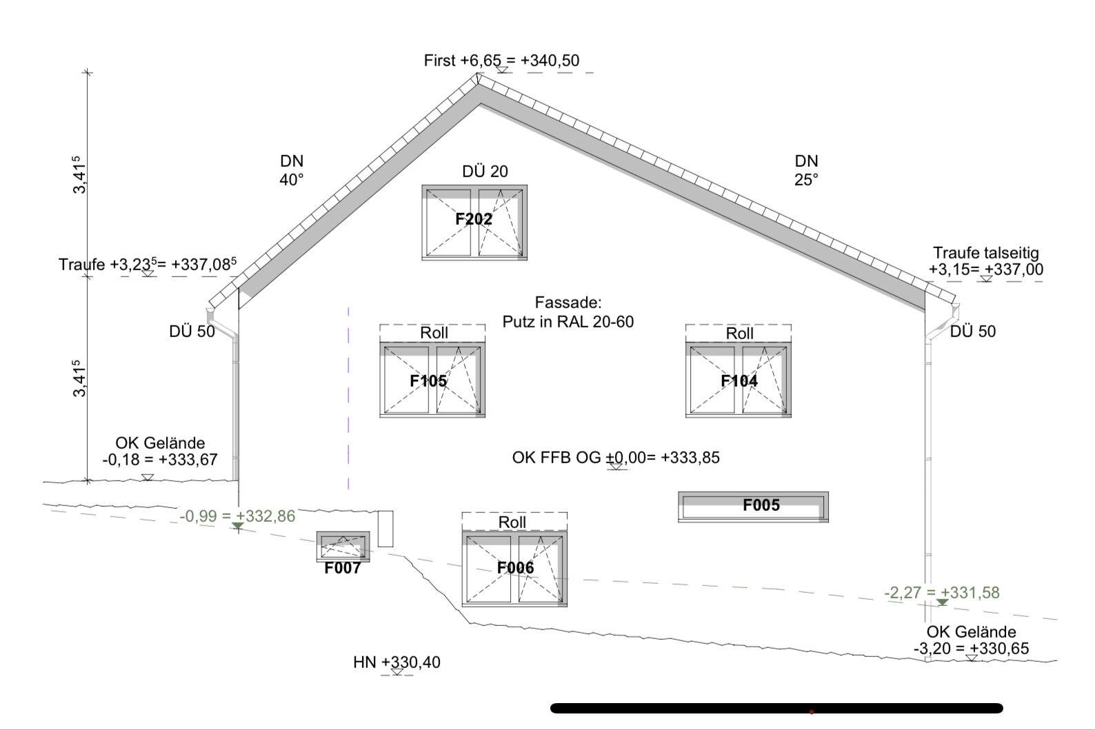 Technischer Grundriss eines Hauses mit Satteldach, Fenstern F105/F104/F202 und Maßen.