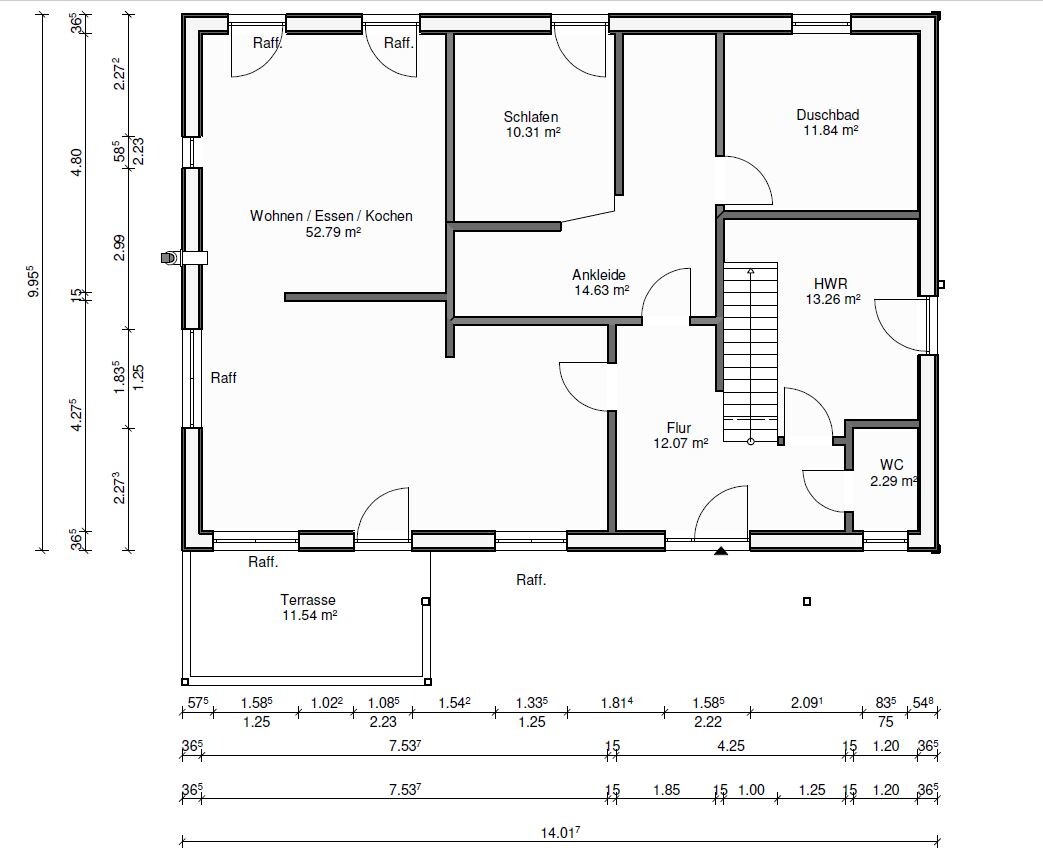 Grundriss eines Hauses: Wohnen/Essen/Kochen, Schlafen, Ankleide, Flur, Duschbad, WC, Terrasse.