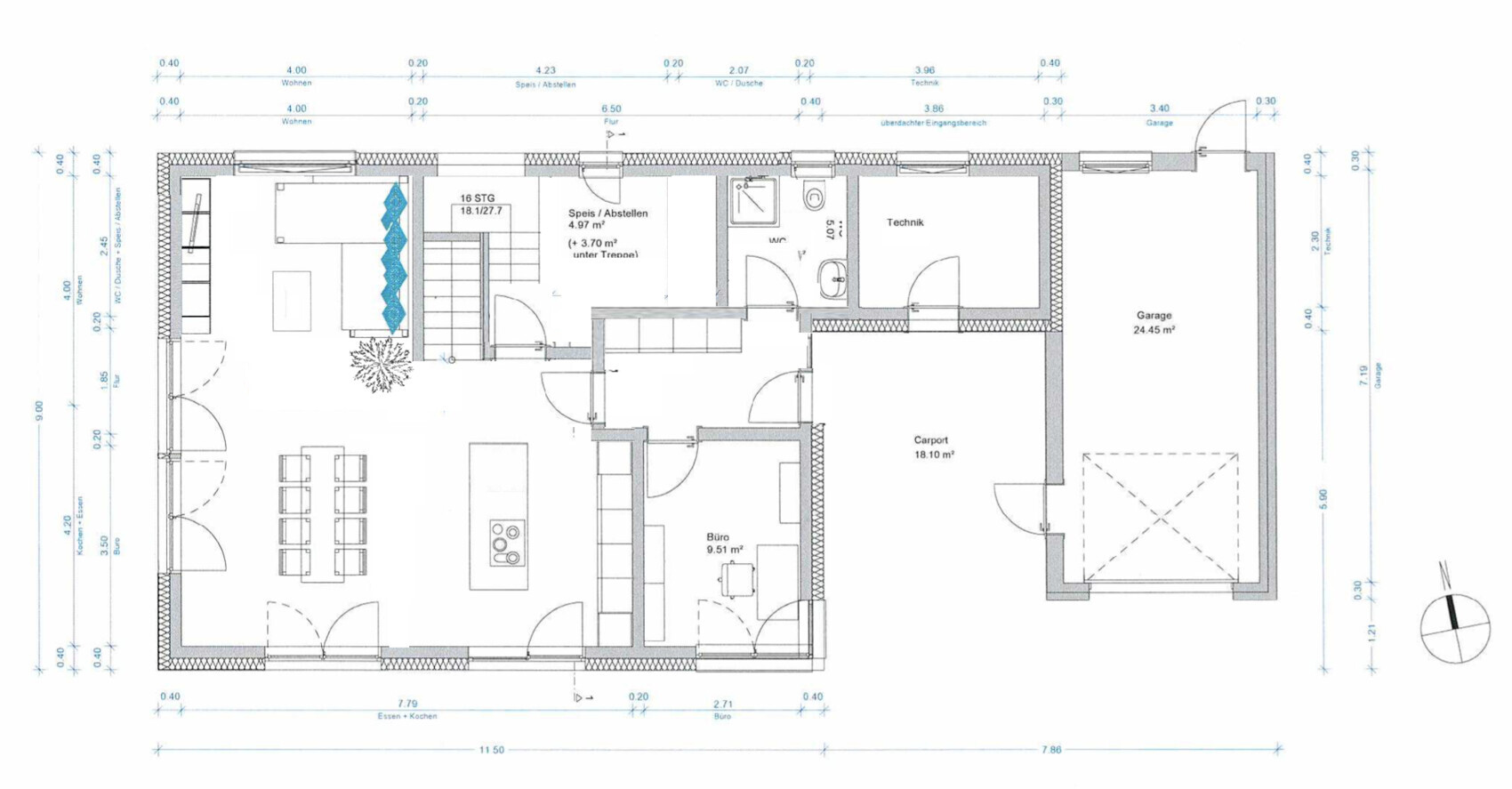 Grundriss eines Hauses: Offener Wohn- und Essbereich, Küche, Büro, Speis/Abstellraum, Garage, Technikraum.