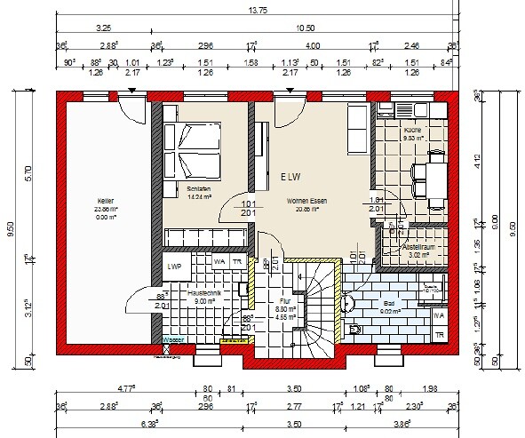 Grundriss eines Hauses mit Keller, Schlafzimmer, Wohn-/Essbereich, Küche und Bad.