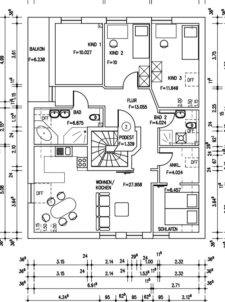 Grundriss eines Hauses: Wohnzimmer, Küche, Flur, Bad, Schlafzimmer, Kinderzimmer, Balkon.