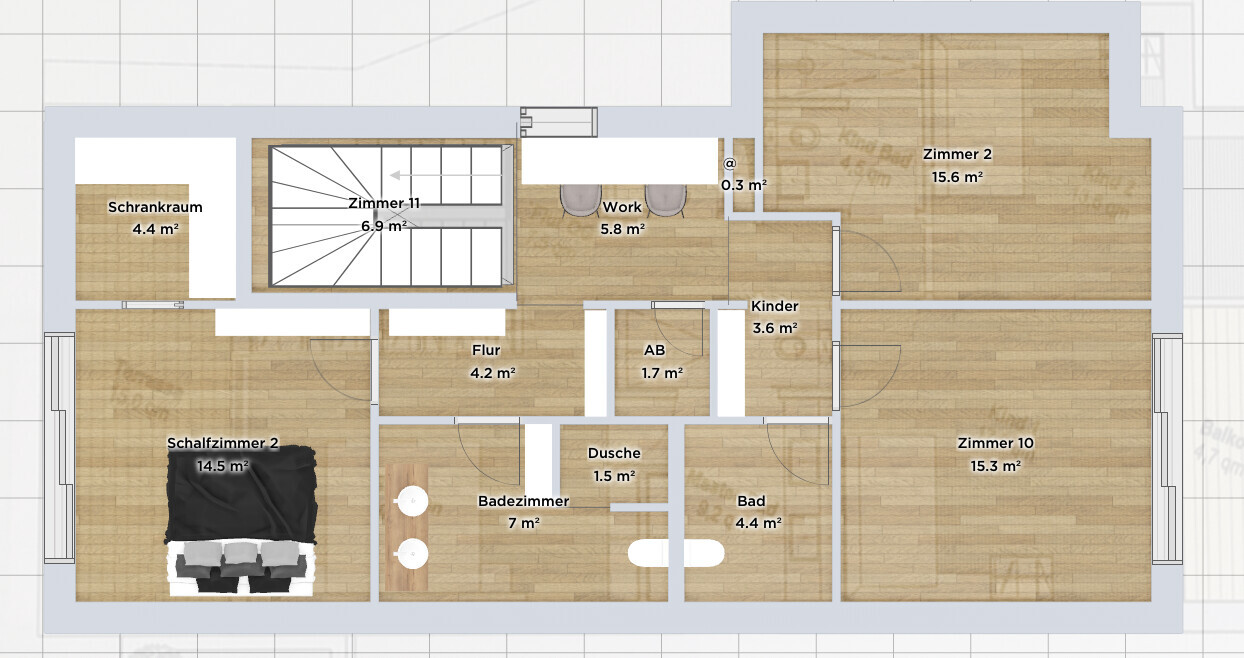 Grundriss eines Hauses mit Schlafzimmer, Bad, Dusche, Flur und Kinderzimmer.