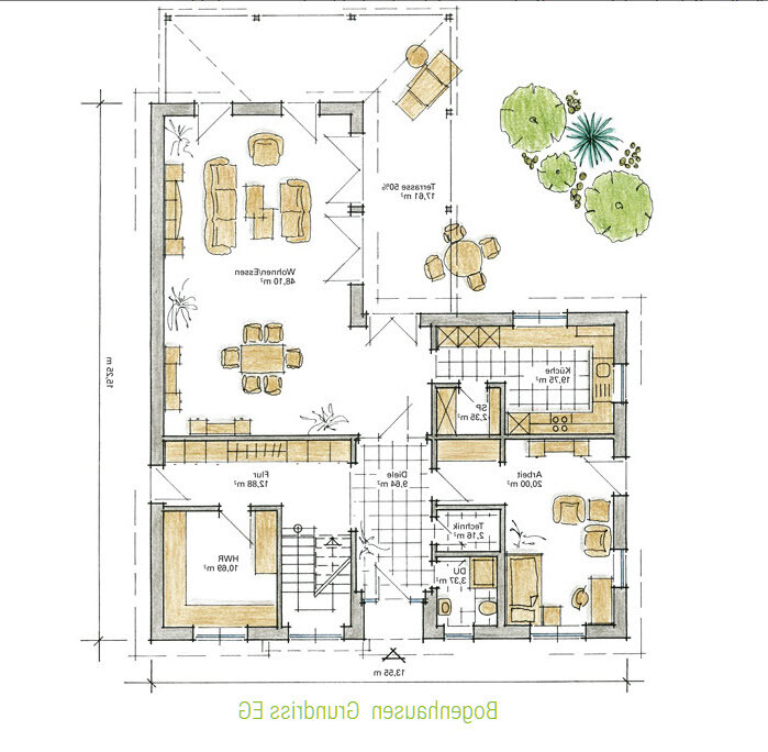 Grundriss des Erdgeschosses: Wohnzimmer, Esszimmer, Küche, Bad, Schlafzimmer, Terrasse und Garten.