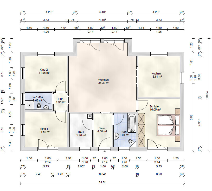 Grundriss einer Wohnung mit Wohnzimmer, Küche, Schlafen, zwei Kinderräumen, Bad, Flur.