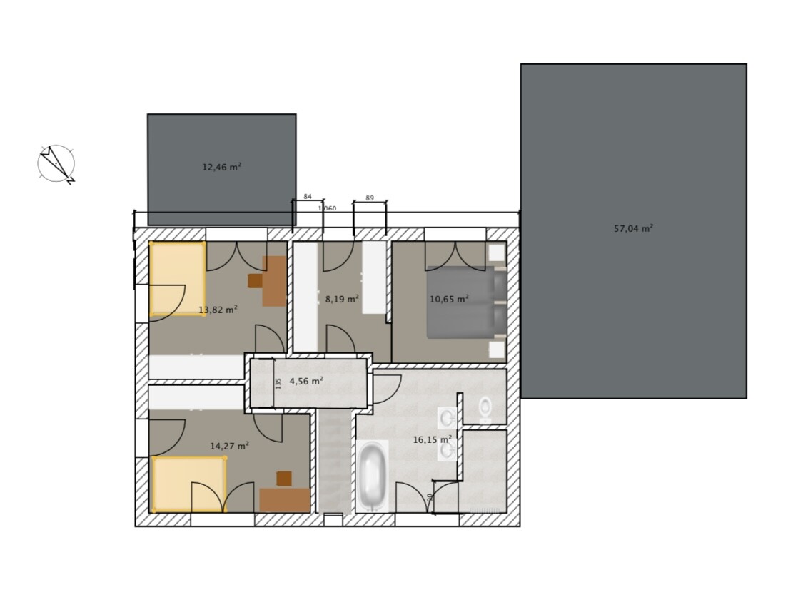 Grundriss eines Hauses mit mehreren Zimmern, Flur, Bad und zwei Schlafzimmern; Größenangaben in m².