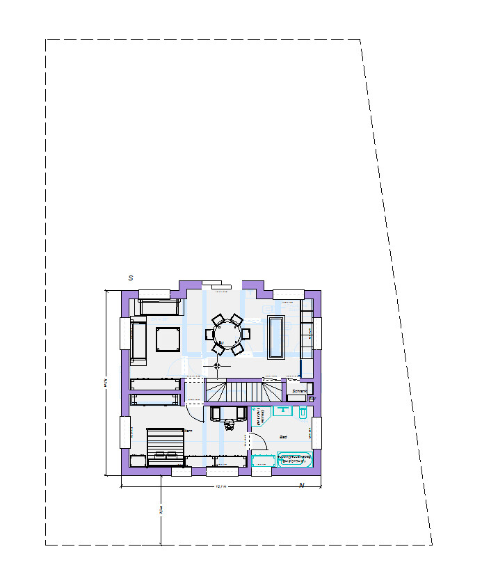 2D-Hausgrundriss mit Wohnzimmer, Essbereich, Küche und Bad