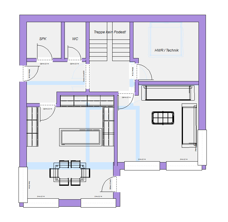 Grundriss eines Hauses: Wohnzimmer, Essbereich, Küche, WC, Speisekammer (SPK), HWR/Technik, Treppe.