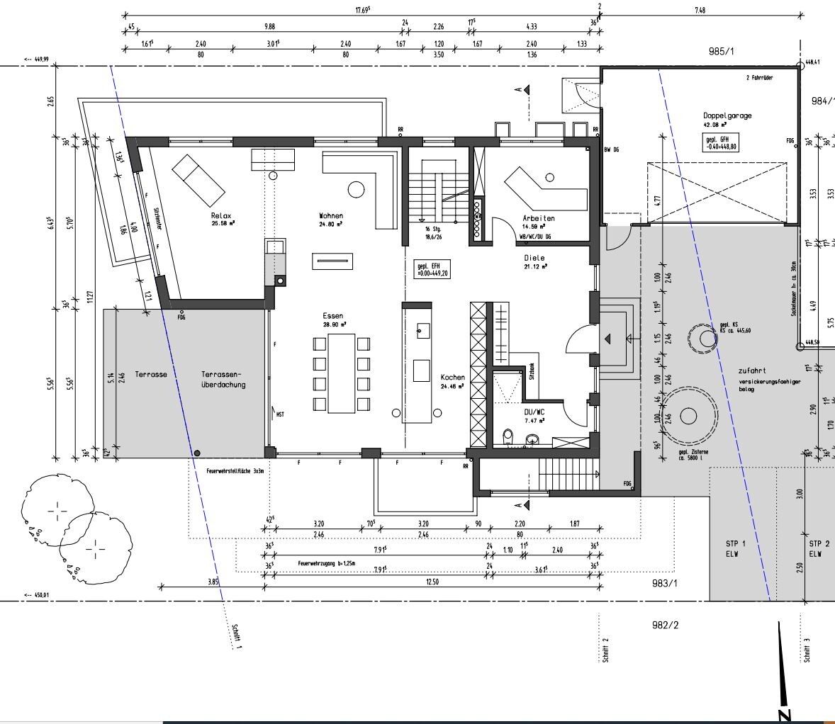 Grundriss eines Hauses: Wohnzimmer, Essen, Kochen, Terrasse, Arbeiten, Diele, Dusche/WC, Garage.