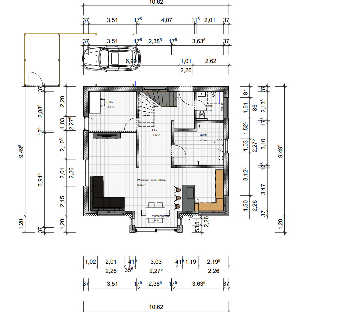 Grundriss EG: Wohnen/Essen/Küche, Büro, Flur, Treppen, HWR, WC, Wintergarten, PKW-Stellplatz