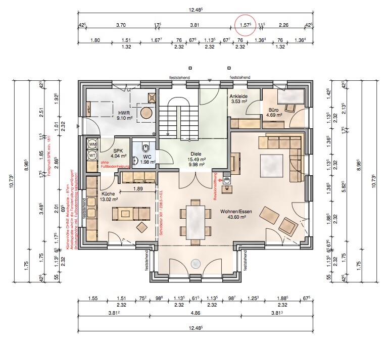 Grundriss eines Einfamilienhauses: Küche, Wohnen/Essen, Hauswirtschaftsraum, WC, Diele, Büro.