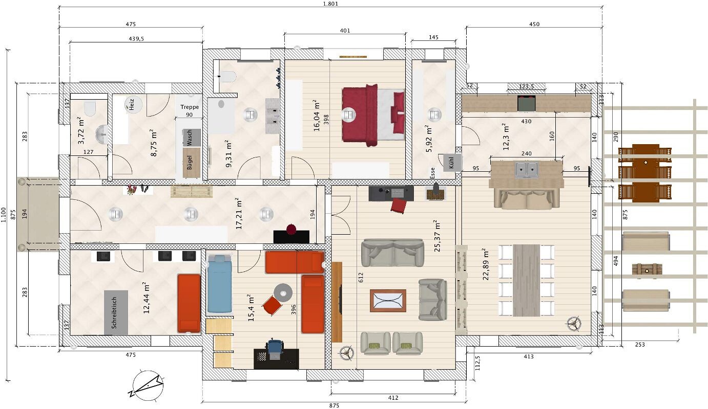Grundriss eines Hauses mit Wohnzimmer, Küche, Esszimmer, Schlafzimmer, Bad, Terrasse.