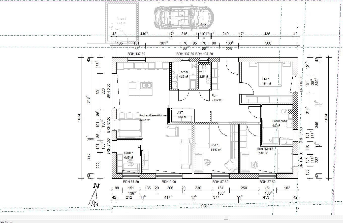 Grundriss eines Hauses: Wohnzimmer, Küche, Flur, Technik, WC, Eltern- und Kinderzimmer.