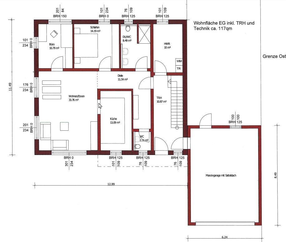 Grundriss eines Einfamilienhauses: Erdgeschoss mit Wohnzimmer, Küche, Schlafzimmer, Bad, Flur und Garage.