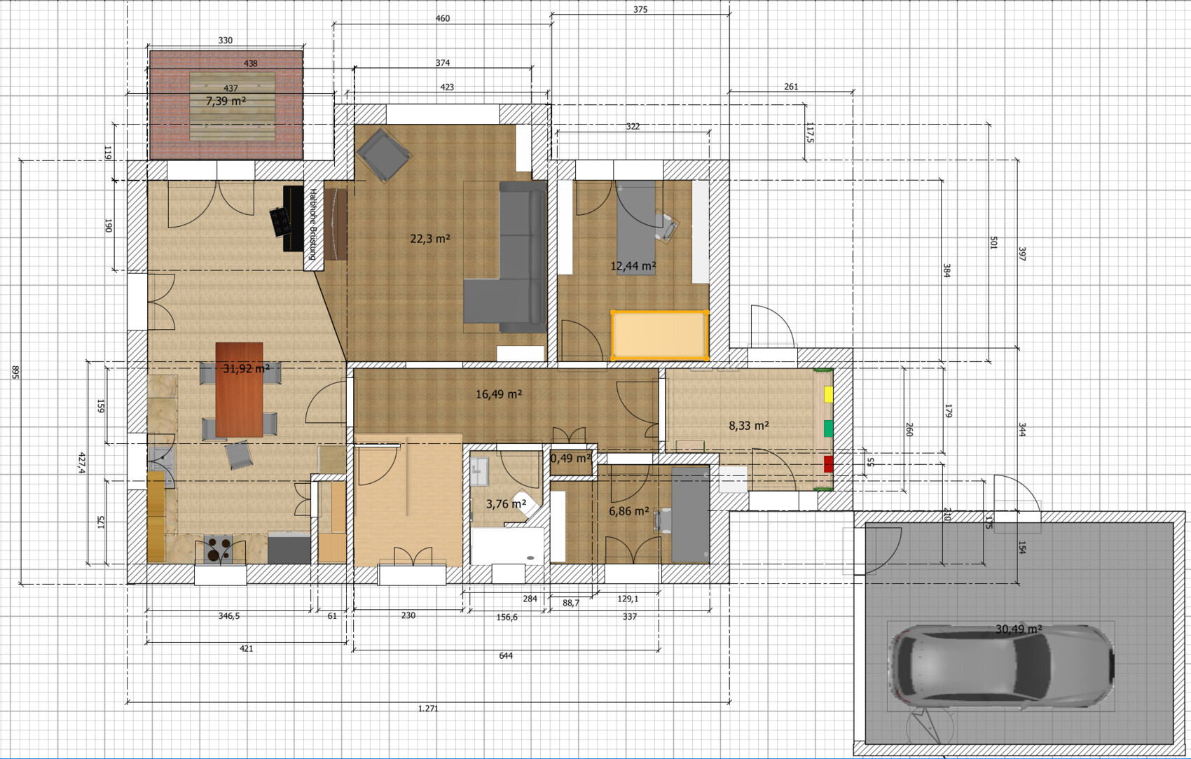 Grundriss eines Hauses: Wohnzimmer, Küche, Essbereich, Schlafzimmer, Bad, Flur, Garage.