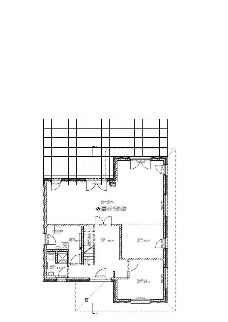 Grundriss eines Wohnhauses mit Wohnzimmer, Küche, Bad, Flur, Treppe und Außenbereich.