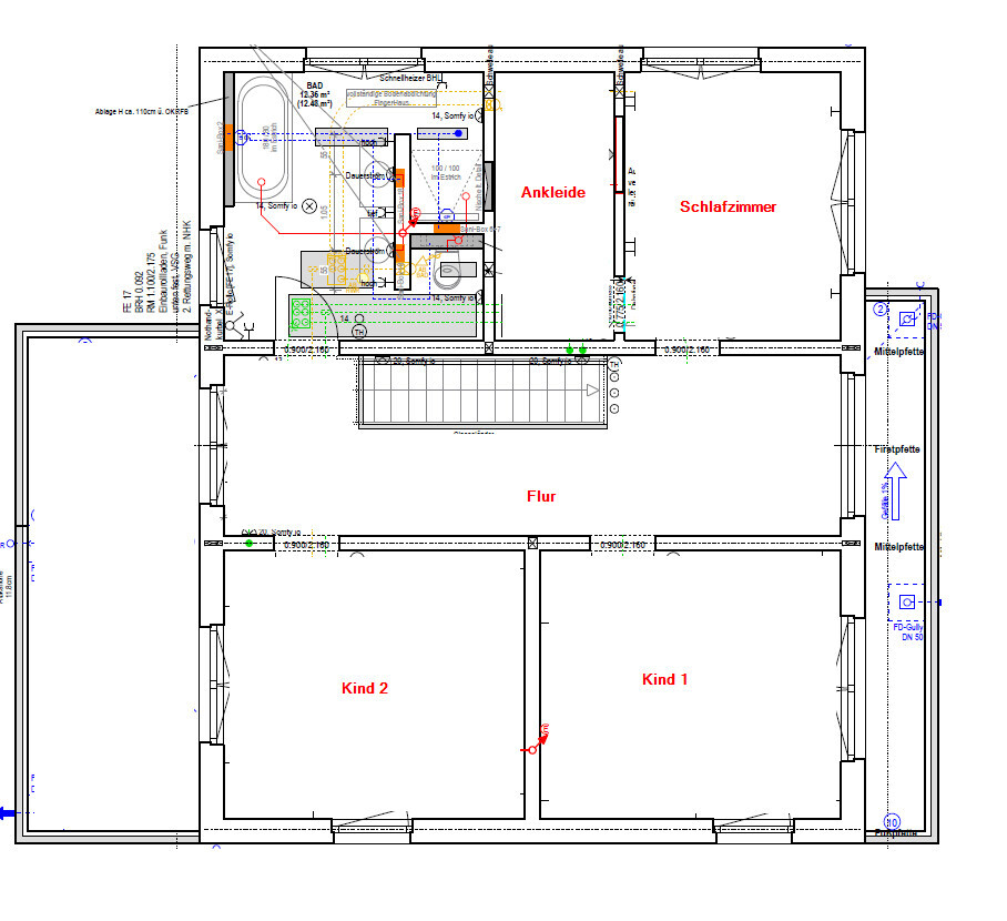 Grundriss eines Hauses: Flur führt zu Schlafzimmer, Ankleide, Bad und zwei Kinderzimmer; Treppe.