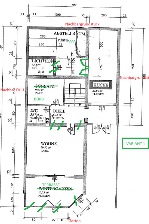 Grundriss eines Hauses mit Wohnzimmer, Diele, Küche, WC, Abstellraum, Büro, Terrasse und Garten.