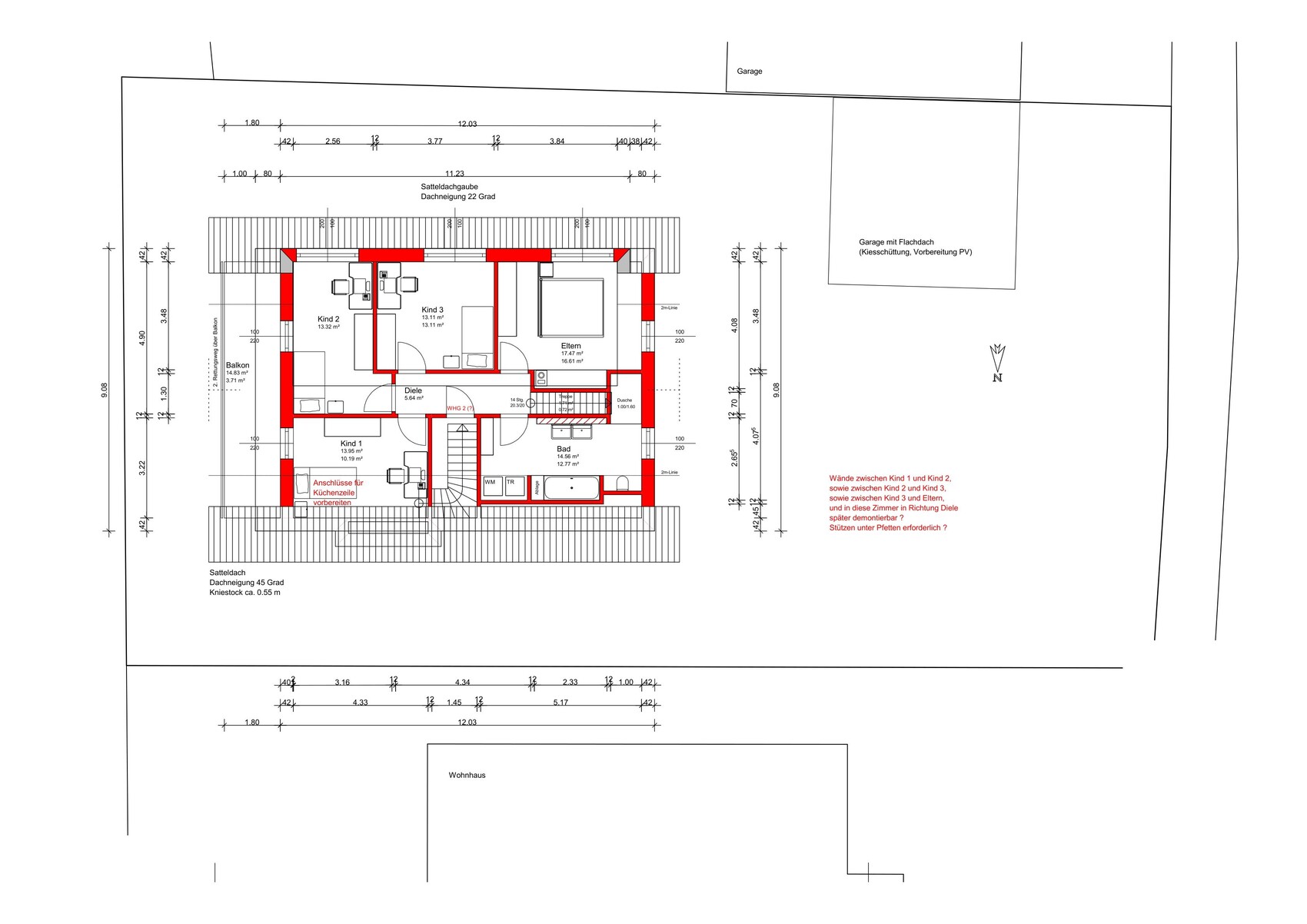 Grundriss eines Hauses: Dachgeschoss mit Eltern- und Kind-Zimmern, Diele, Bad, Balkon.