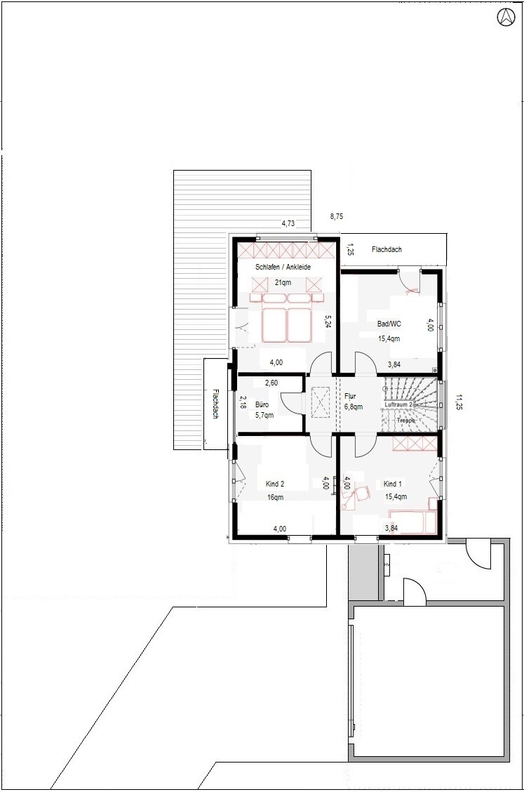 Grundriss eines Hauses mit Schlafen/Ankleide, Bad/WC, Flur, Büro, Kind 1, Kind 2, Terrasse.