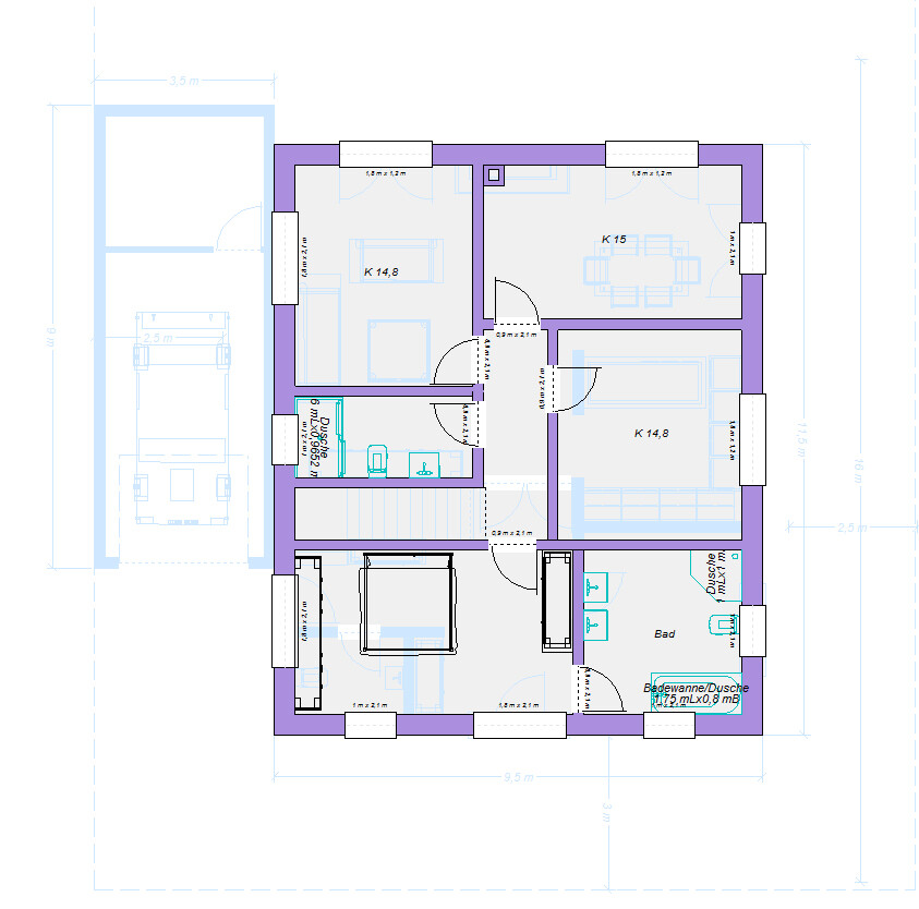 Grundriss eines Hauses: mehrere Zimmer (Küche, Bad, Wohnzimmer) mit Türen und Treppenaufgang.